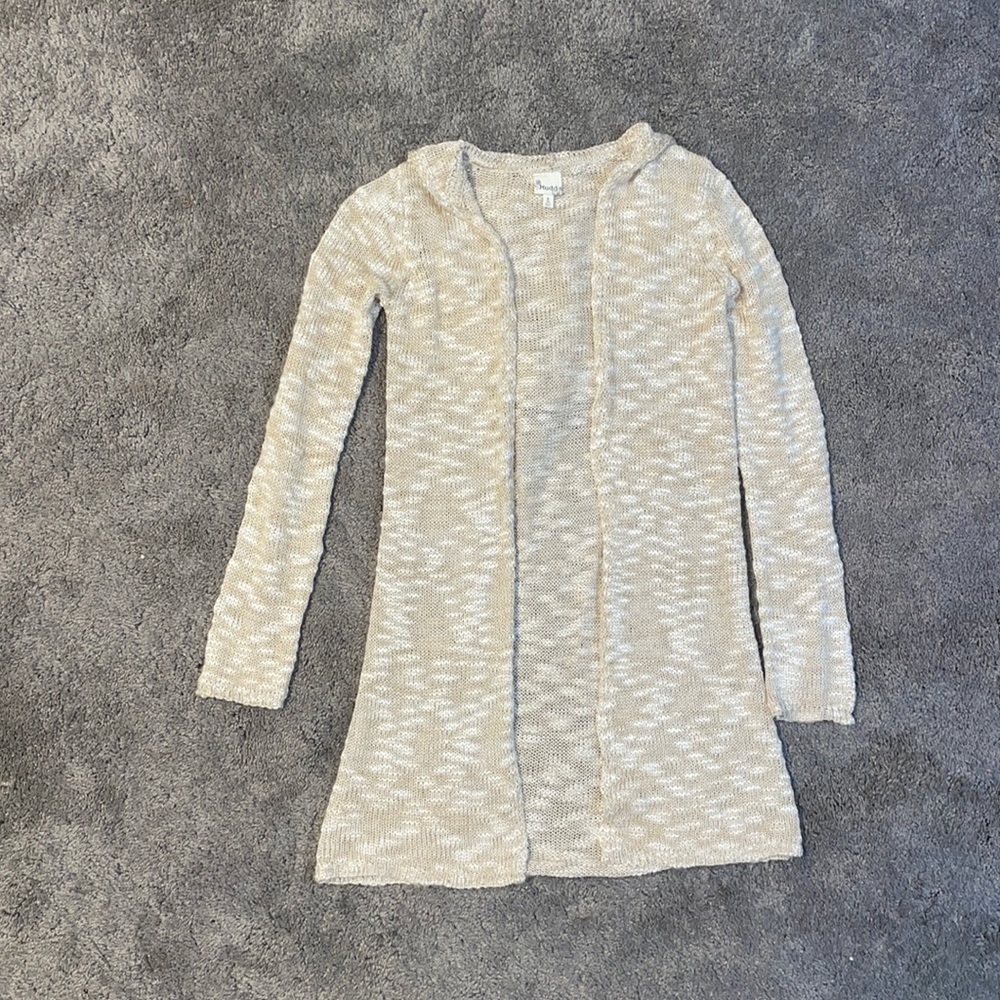Tan and white heathered hooded cardigan